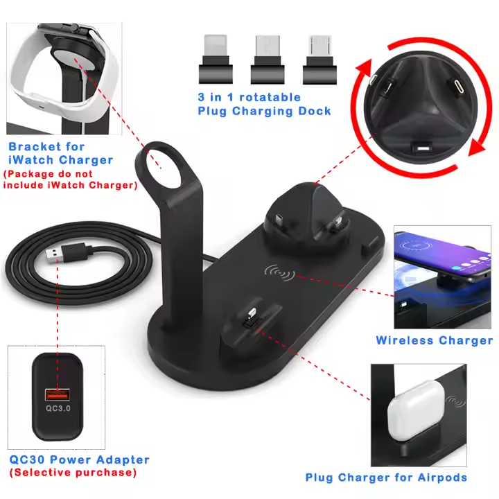 Wholesale Foldable 15W 3 in 1 wireless charger Portable 6 in 1 Fast Charging Dock Holder for watch airpods phones