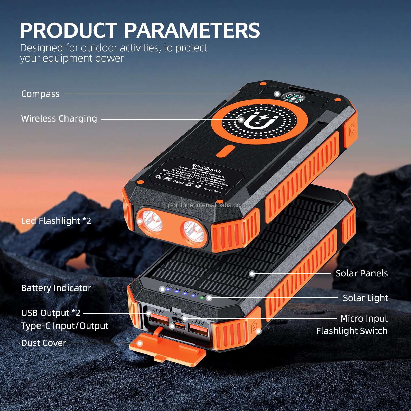 QSF 2024 Hot Sale OEM Outdoor Travel Fast Charging Mobile Phone Charger 20000mah Power Bank Portable Wireless Solar Powerbank
