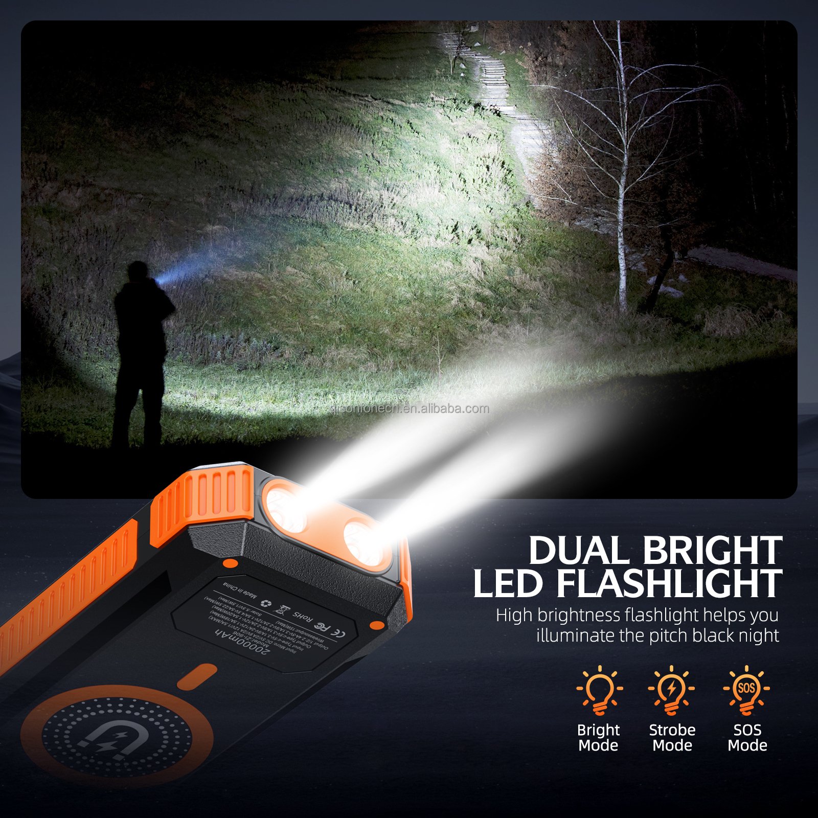 QSF 2024 Hot Sale OEM Outdoor Travel Fast Charging Mobile Phone Charger 20000mah Power Bank Portable Wireless Solar Powerbank