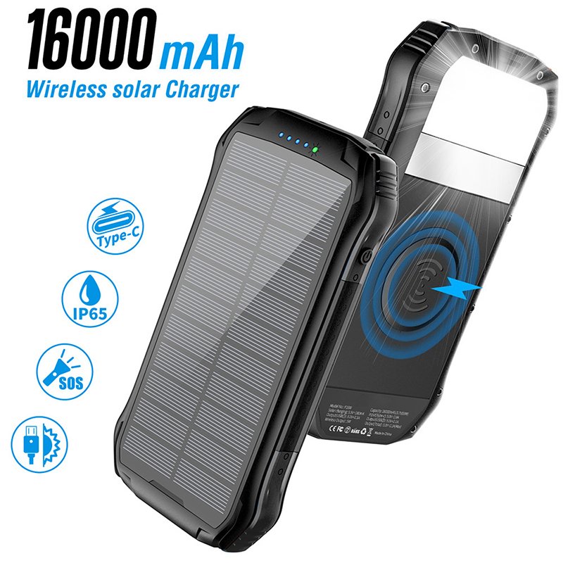 Portable PD22.5W Large Capacity 16000mAh USB Quick Charge Solar Charger Outdoor Solar Panel Power Bank High Lithium Battery