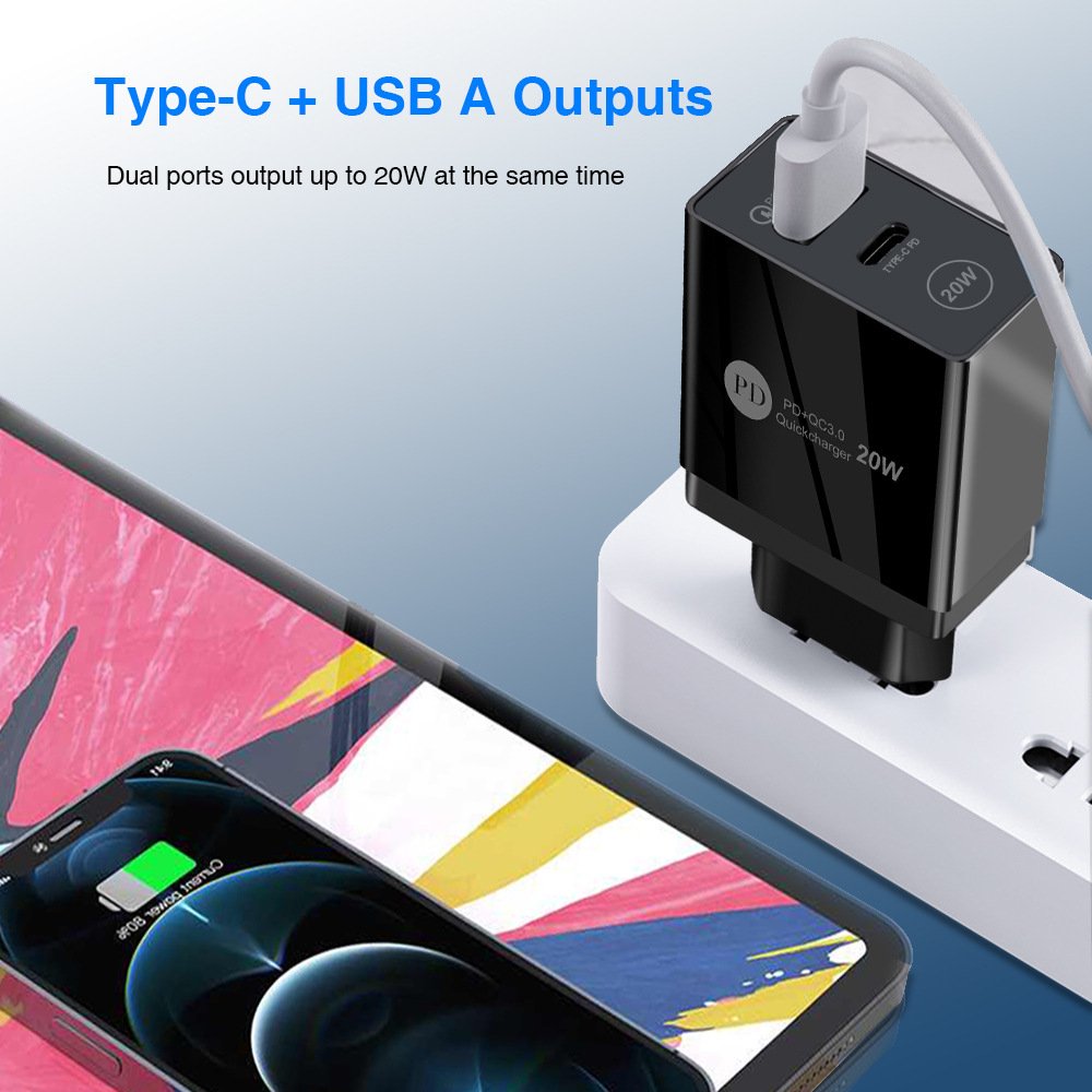 2022 new hot-selling PD20W multi-function mobile phone charger for Apple iphone12US EU UK type-c charging head adapter