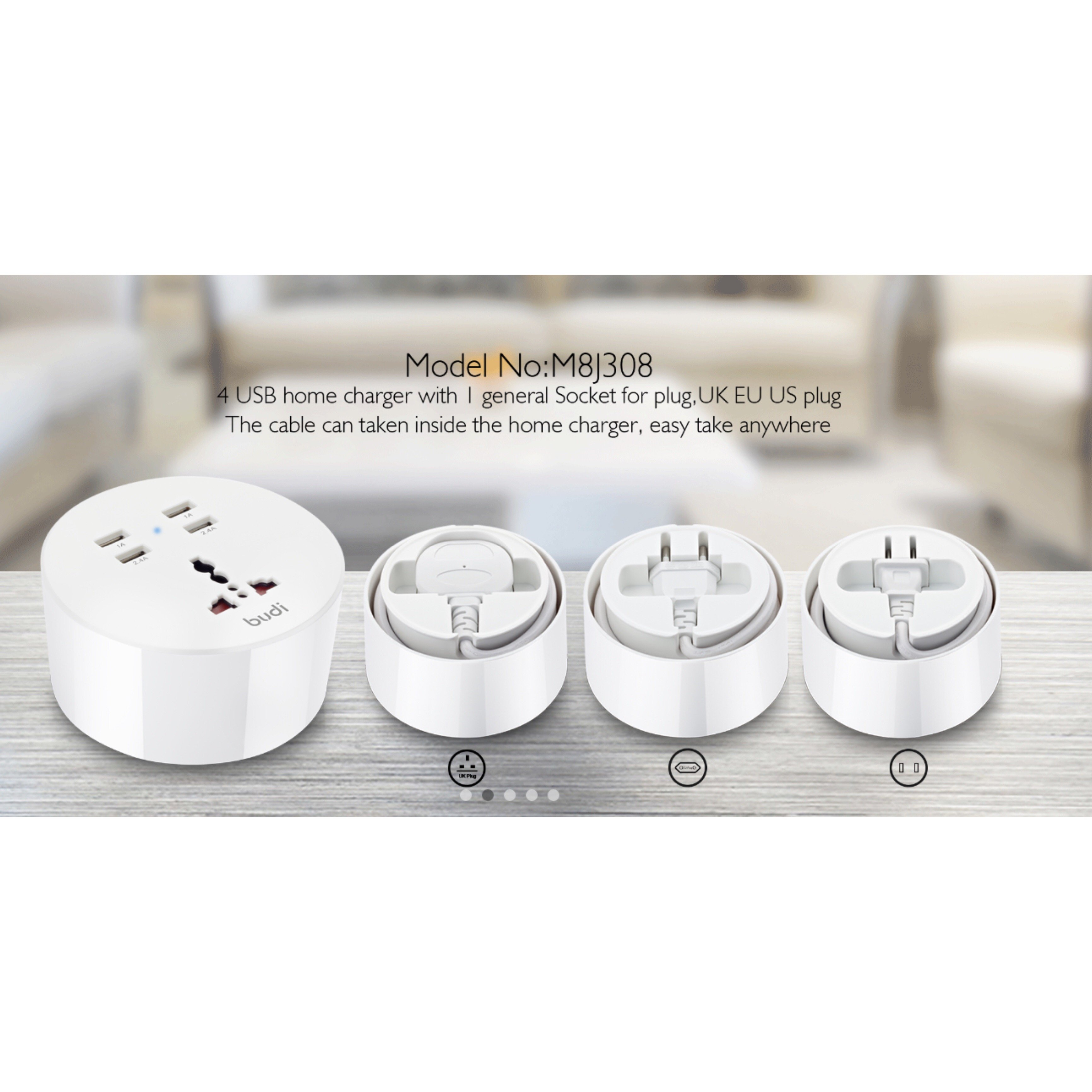 Budi factory Wholesale home charger high speed 24W 4 port 5V 4.8A wall charger with 1 general Socket