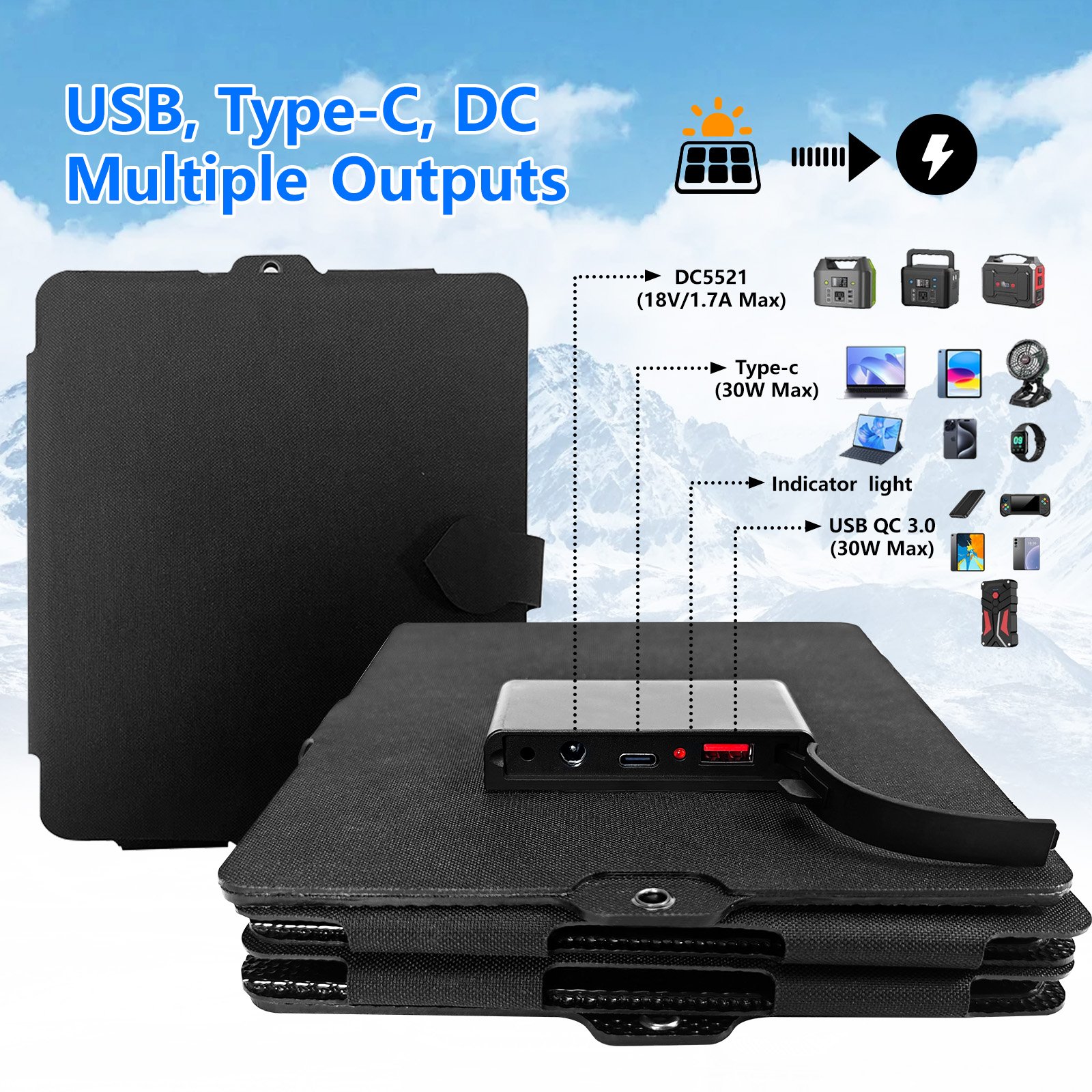 30W Foldable Portable Solar Charger, IP65 Water and Dust Resistance, Ultra-Fast Charging, for Camping, Hiking Solar Panel