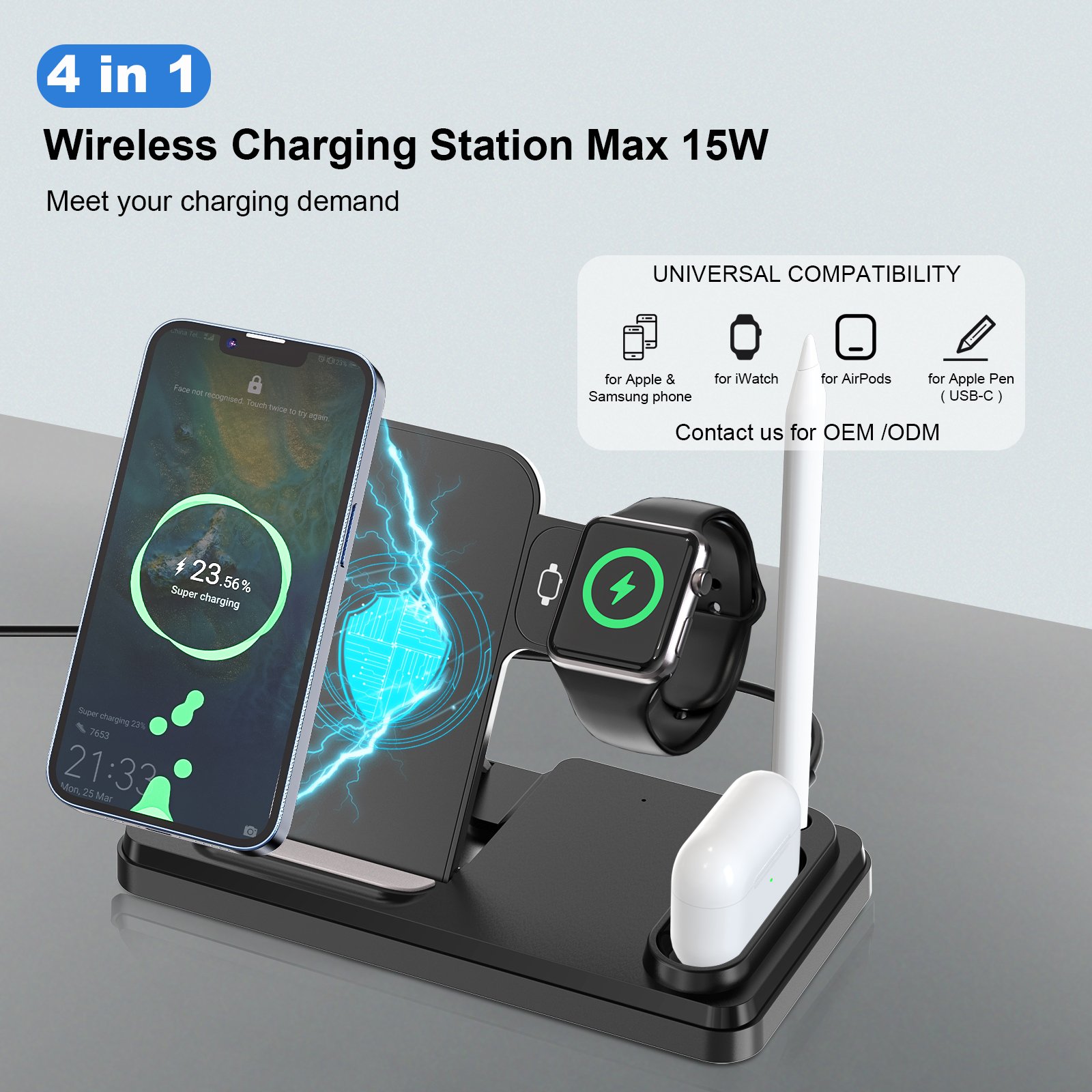 TKT Safe 4 in 1 & 3 in 1 Fast Charging Qi Wireless Charger Station 15W Smart USB Port for iPhone AirPods iWatch Apple Pencil
