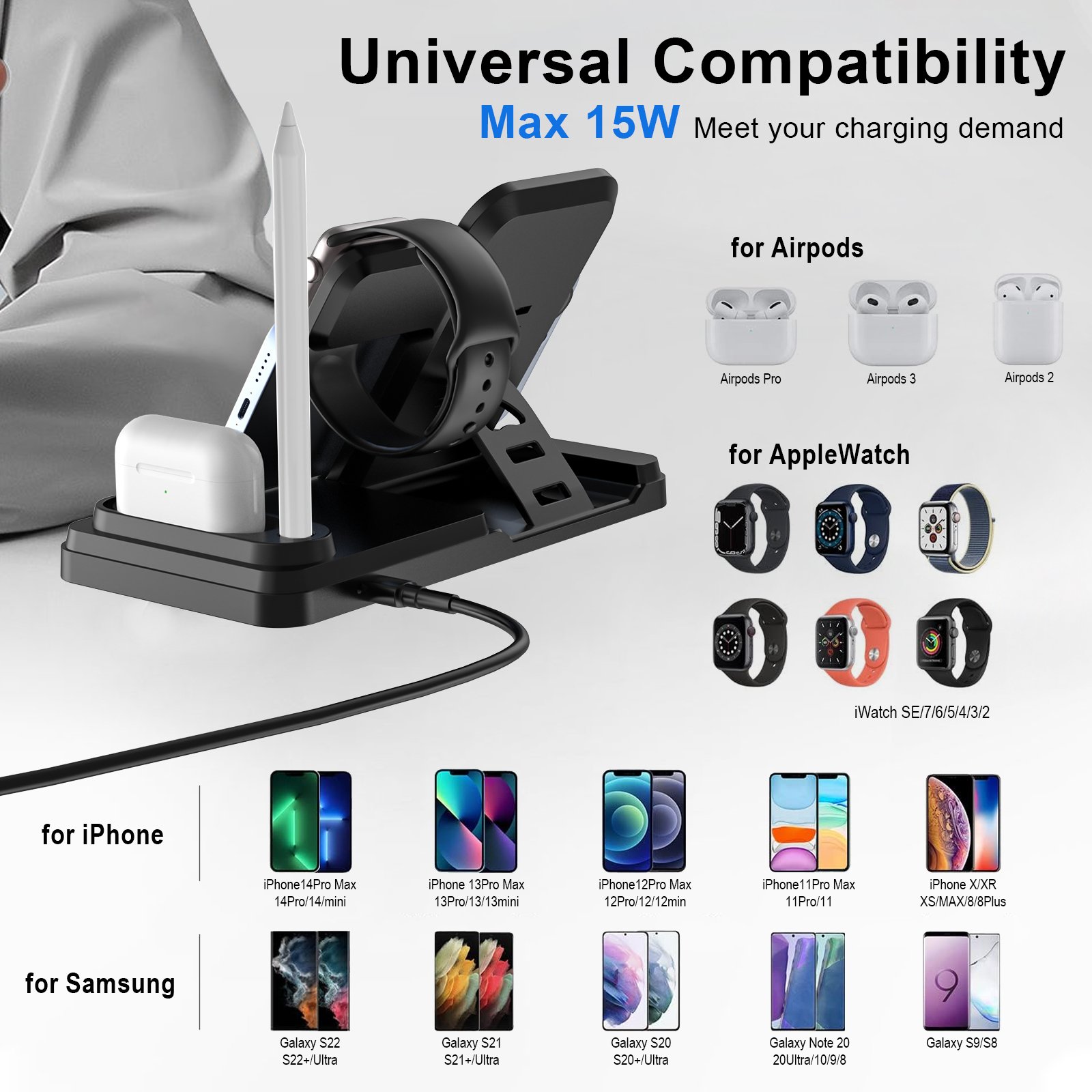 TKT Safe 4 in 1 & 3 in 1 Fast Charging Qi Wireless Charger Station 15W Smart USB Port for iPhone AirPods iWatch Apple Pencil