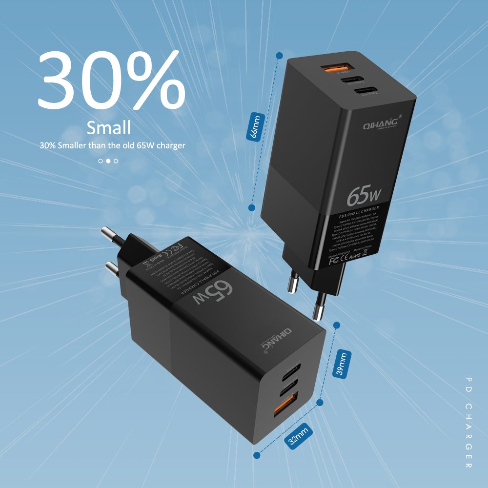 Fast Charging 65w ilepo PD Charger PD GaN Wall USB Charger GaN Charger 65w QC 4.0 PD Charging