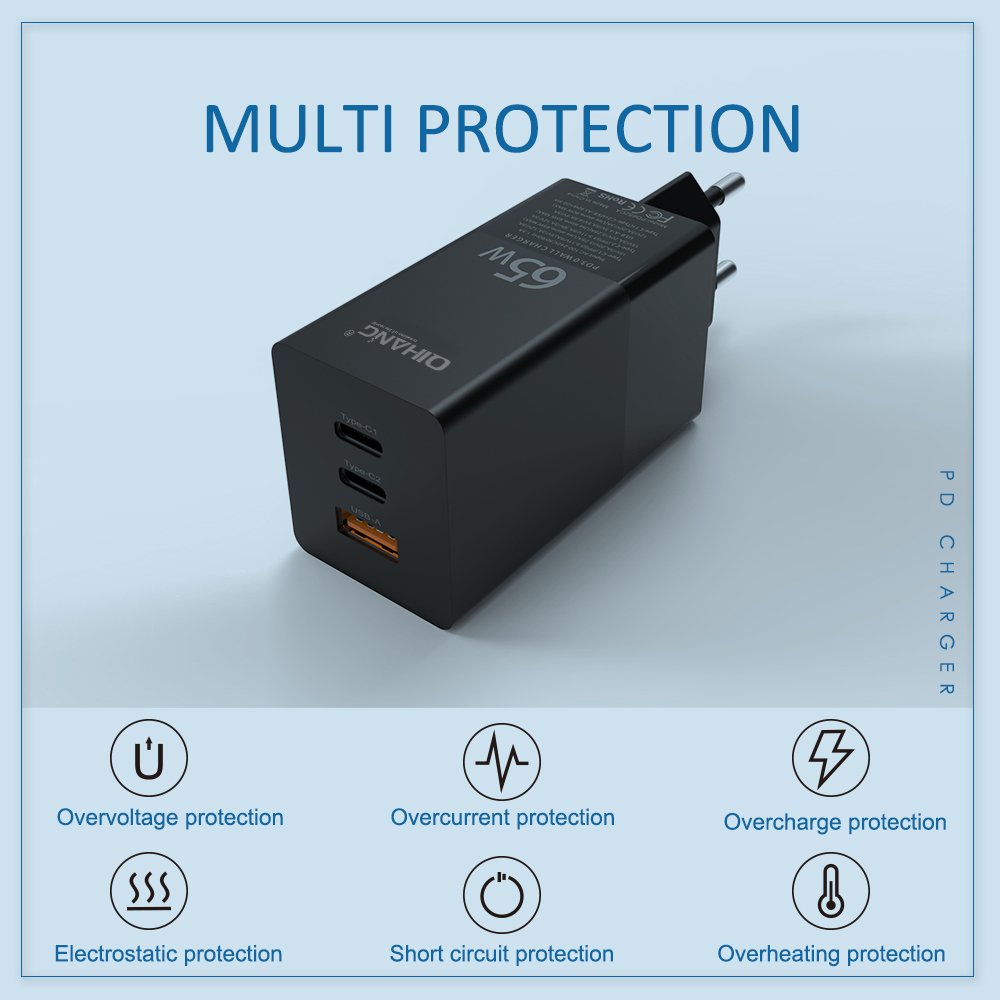 Fast Charging 65w ilepo PD Charger PD GaN Wall USB Charger GaN Charger 65w QC 4.0 PD Charging