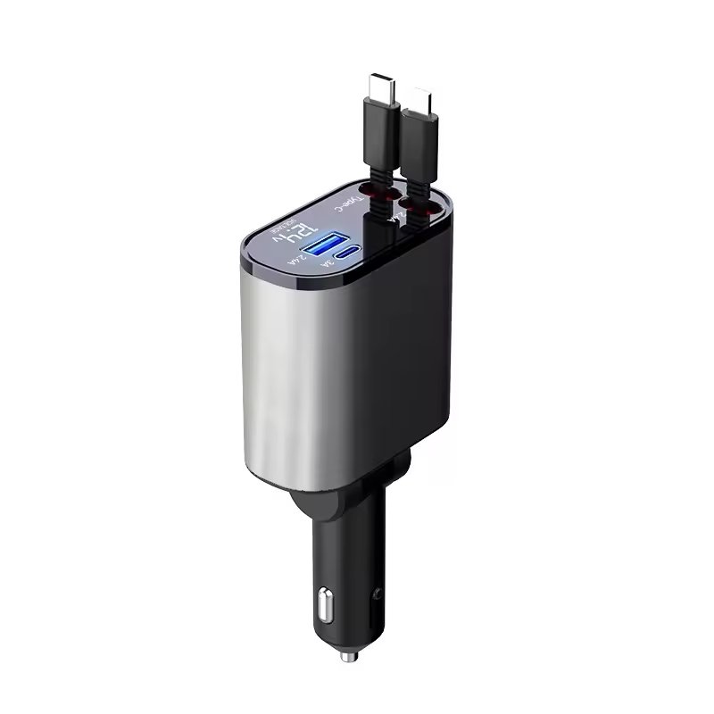 Topdio Fast Retractable Car Charger USB C Car Charger Fast Charge 100W 2 Retractable Cables and USB Port Car Charger Adapter