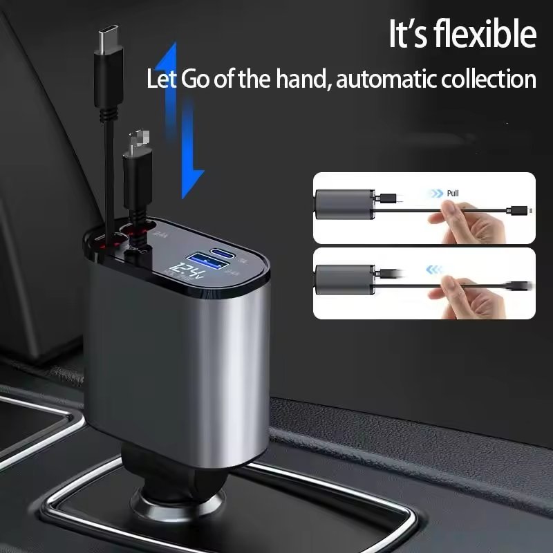 Topdio Fast Retractable Car Charger USB C Car Charger Fast Charge 100W 2 Retractable Cables and USB Port Car Charger Adapter