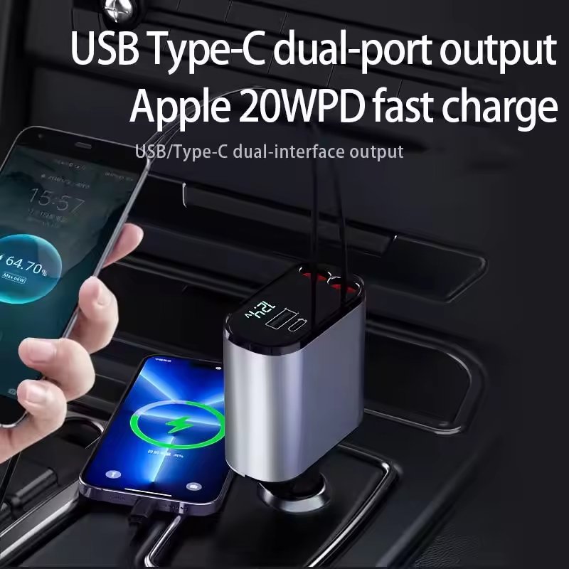 Topdio Fast Retractable Car Charger USB C Car Charger Fast Charge 100W 2 Retractable Cables and USB Port Car Charger Adapter