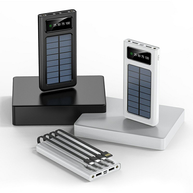 Hot Selling Outdoor Portable Solar Charger Built-In Four Cables Digital Display Solar Panel Charging Solar Power Bank 20000mAh