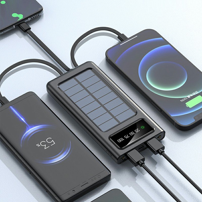 Hot Selling Outdoor Portable Solar Charger Built-In Four Cables Digital Display Solar Panel Charging Solar Power Bank 20000mAh
