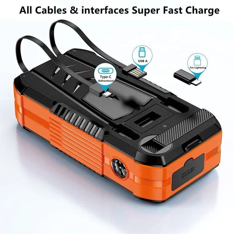 Portable Usb Hand Crank Phone Charger With Compass Outdoor Camping 20000mah 30000mah 40000mah Solar Power Bank With Cables