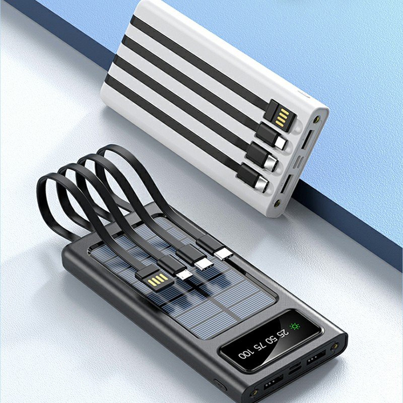 Factory Direct Solar Powerbank Camping Hiking Solar Energy Cell Phone Charger Built-In Cables 20000mAh Solar Power Bank Portable