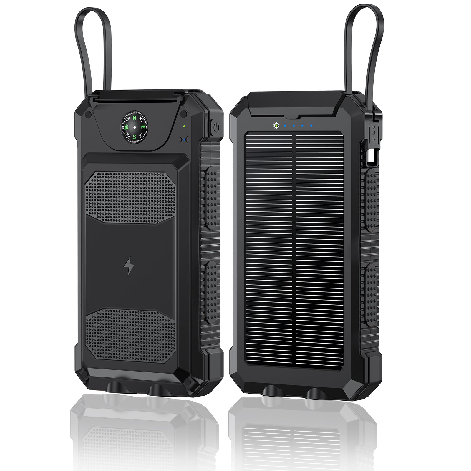 High Capacity Portable Solar Charger Power Bank Bank 20000mah 15W Wireless Fast Charging Supply Solar PowerBank With Cable