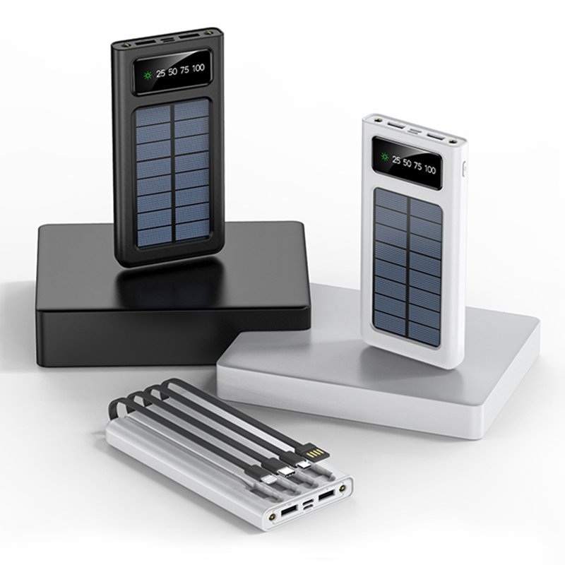 Solar Power Bank Built Cables 10000mAh Solar Charger 2 USB Ports External Charger Powerbank with LED Light