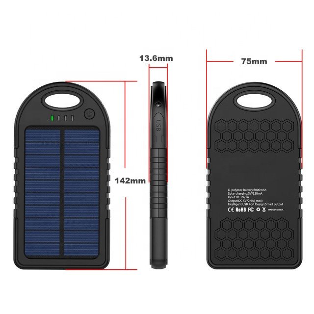 Wholesale Dual USB waterproof ABS+PVC 5000mAh Portable battery solar power bank charger