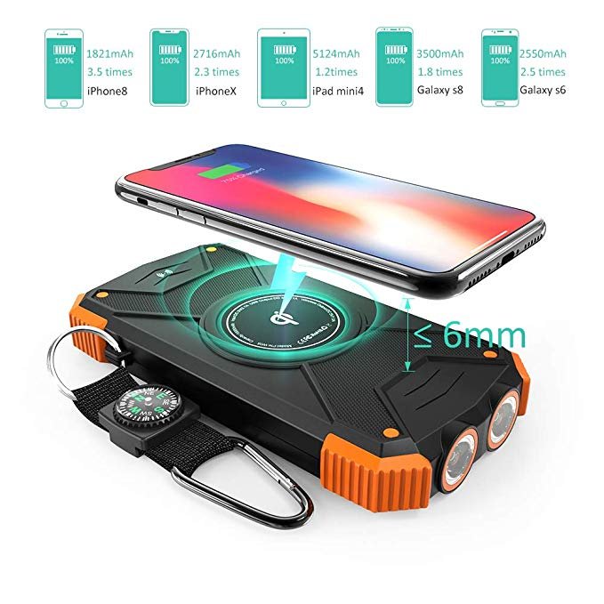 newest rugged outdoor emergency Camping Hiking LED Flashlight waterproof PD fast Wireless charger 10000mAH solar power bank