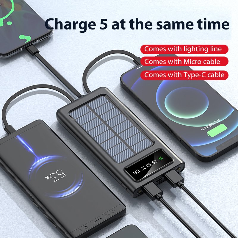 New Products Solar Power Bank 10000mah 20000amh 30000mah Charging Built In Cable Usbc Portable Power Bank Charger