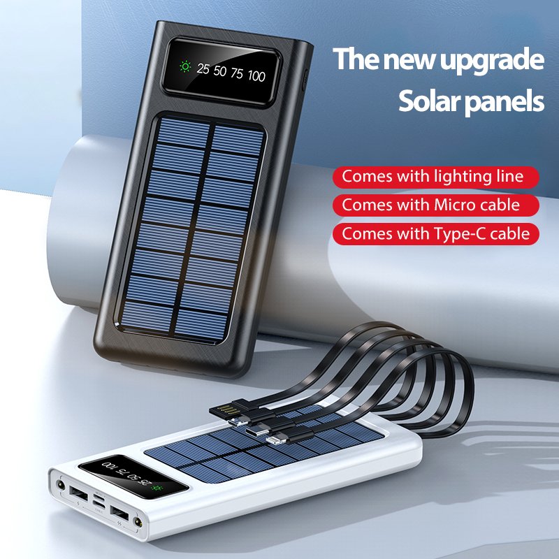 New Products Solar Power Bank 10000mah 20000amh 30000mah Charging Built In Cable Usbc Portable Power Bank Charger