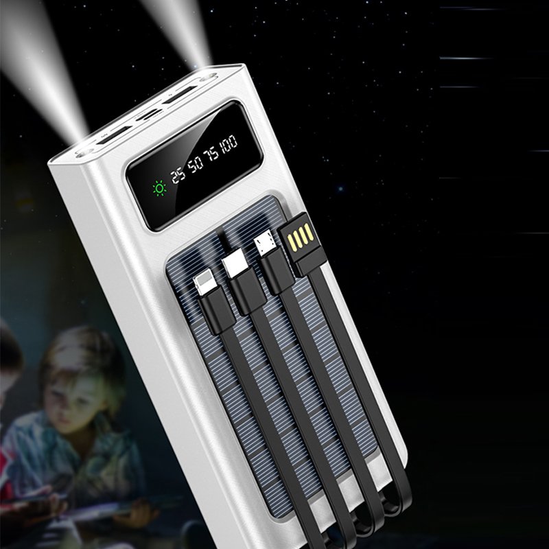 High quality power bank 30000mAh solar power bank LED fill light 2A super fast charging with 4 cable portable powerbank