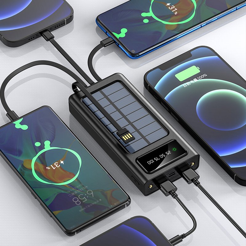 High quality power bank 30000mAh solar power bank LED fill light 2A super fast charging with 4 cable portable powerbank