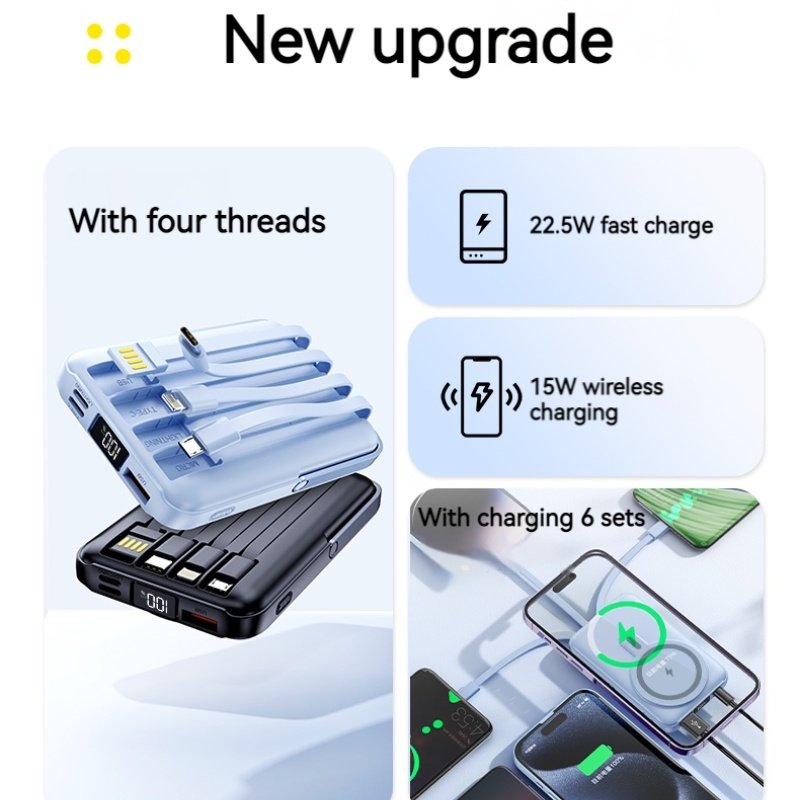 High Capacity USB Magnetic Strand Wireless Charging 22.5w Magnetic With 4 cables LED Display For outdoor portable power bank