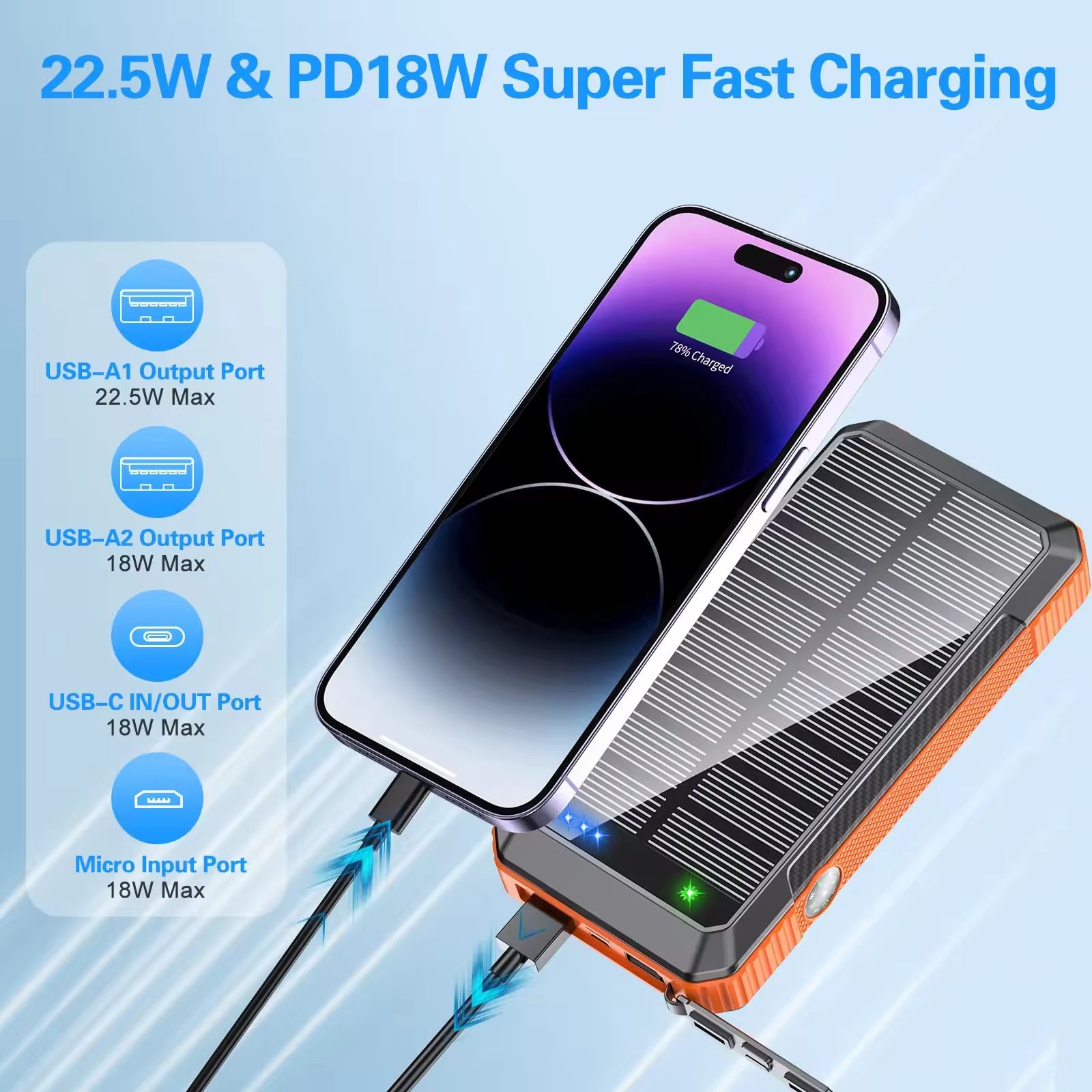 High Capacity Solar Cell Phone Charger 20000mah Wireless Charging Solar Power Bank With Cables