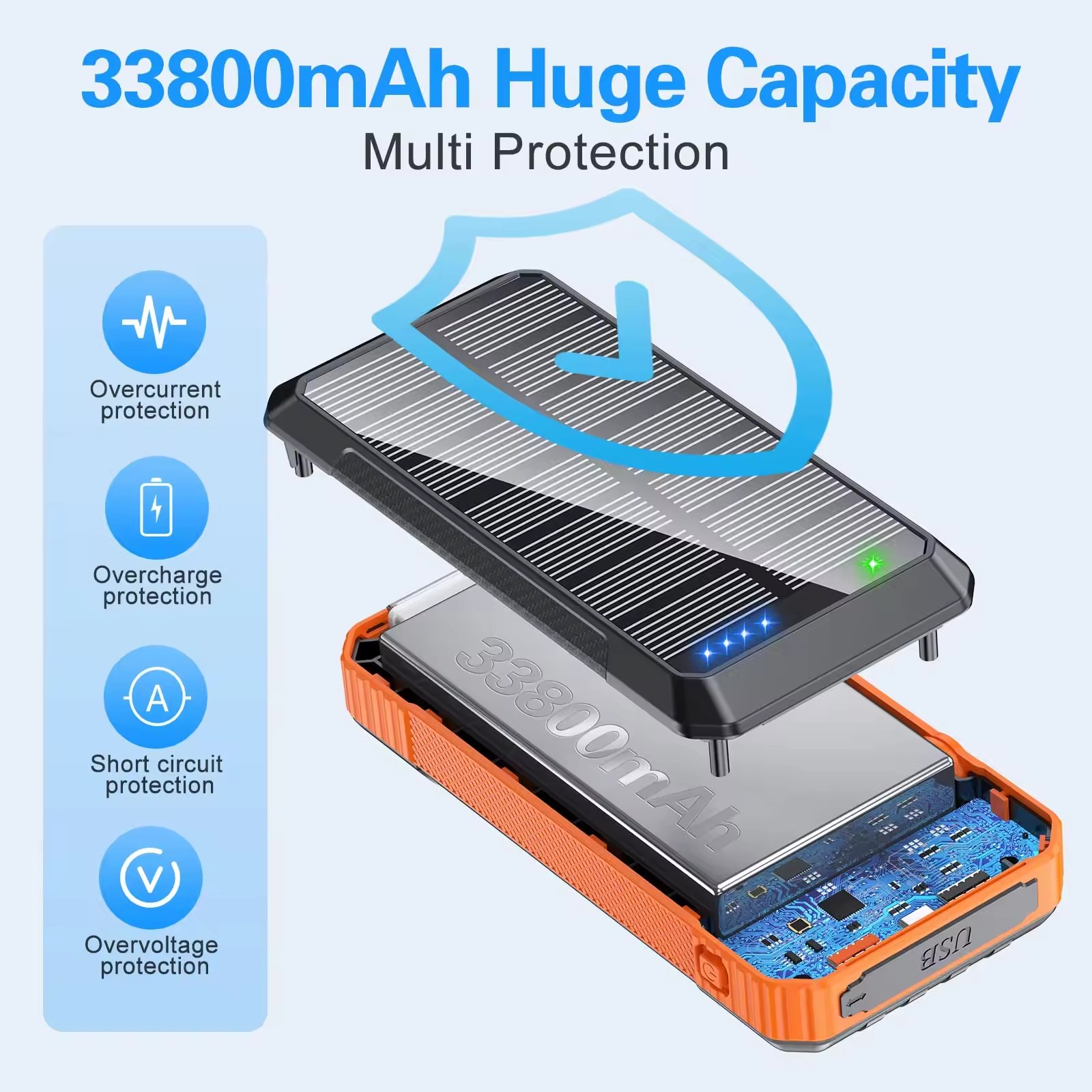 High Capacity Solar Cell Phone Charger 20000mah Wireless Charging Solar Power Bank With Cables
