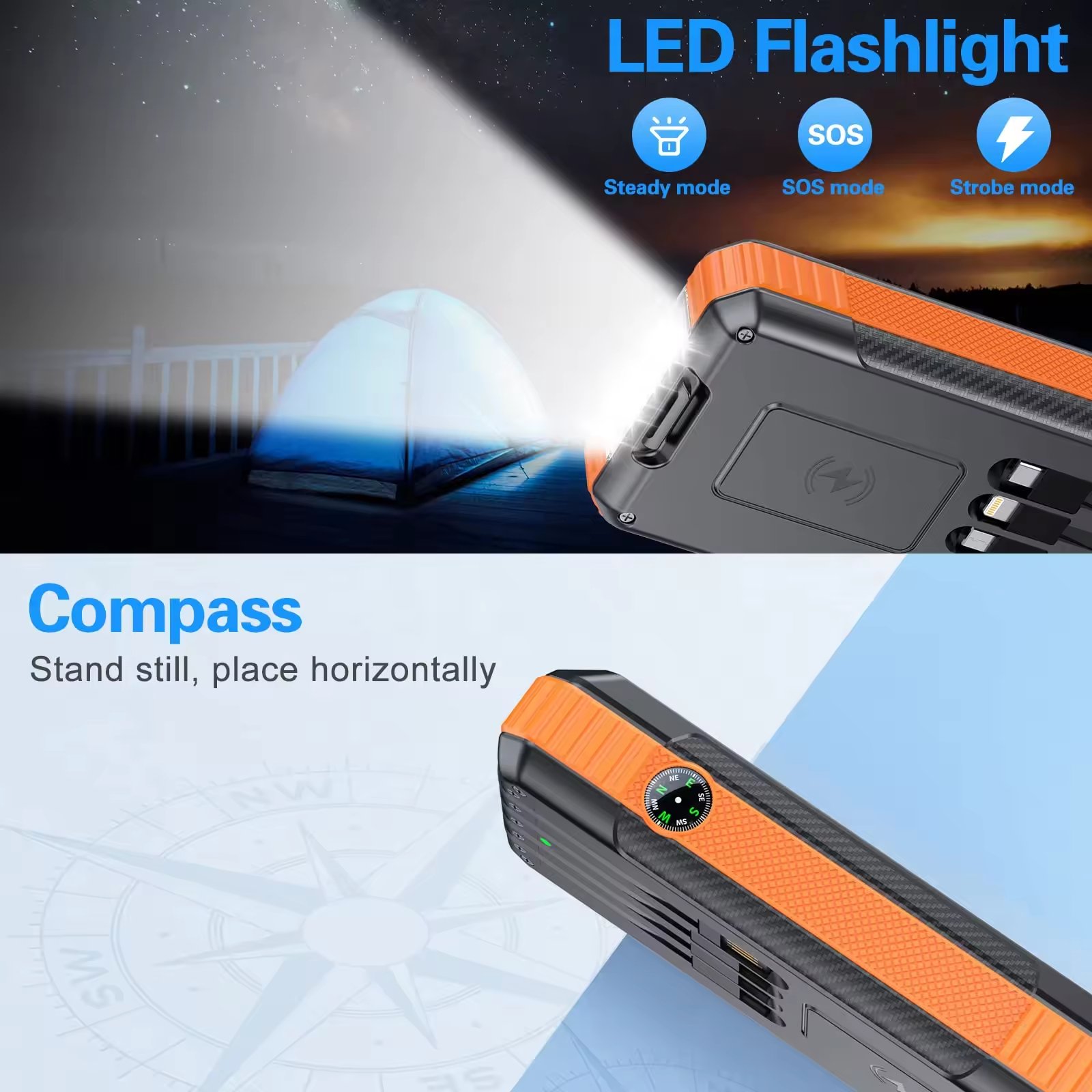High Capacity Solar Cell Phone Charger 20000mah Wireless Charging Solar Power Bank With Cables