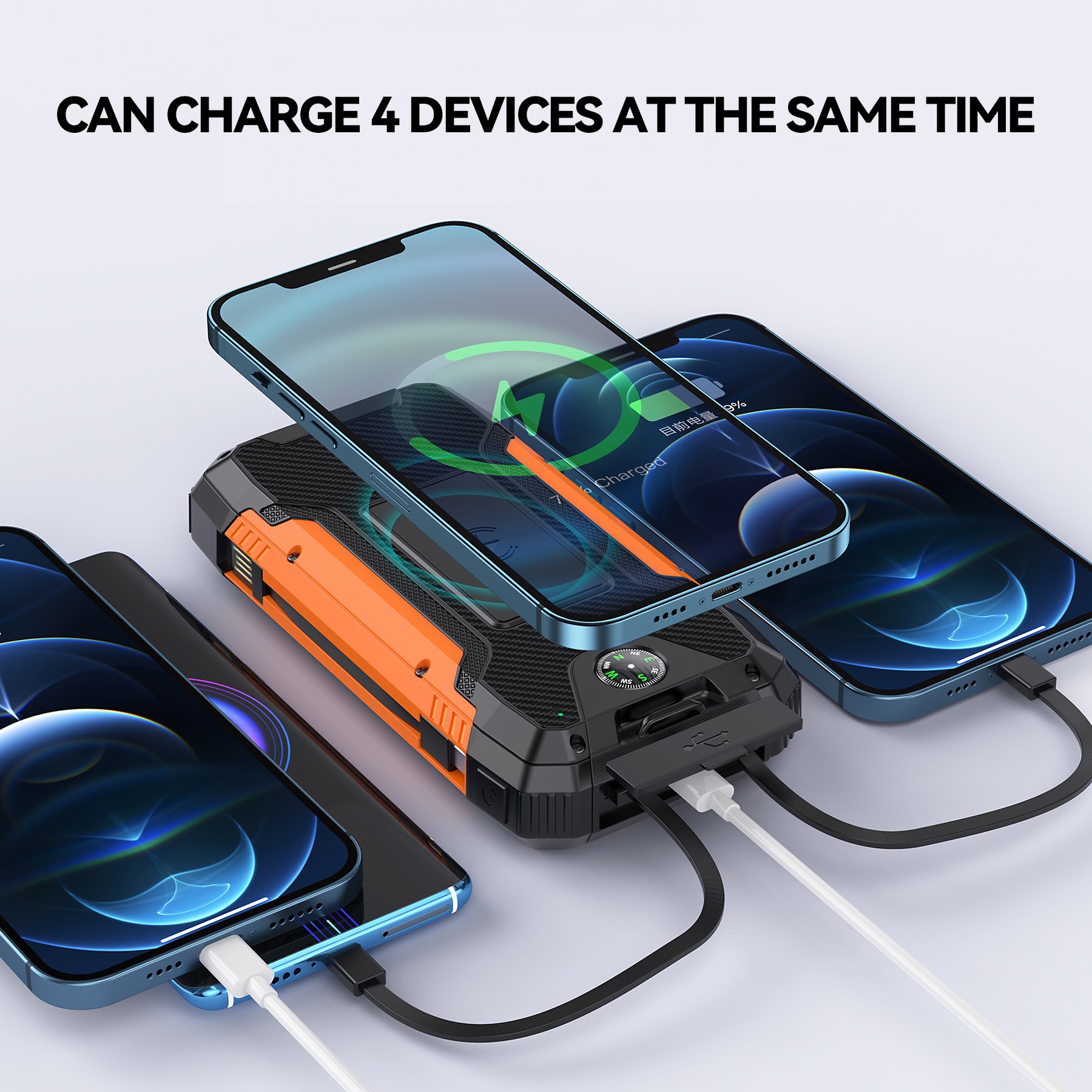 Waterproof Outdoor Solar Battery ROHS Power Bank Supplies 30000mah With Built-In Cables Solar Panel Portable Charger