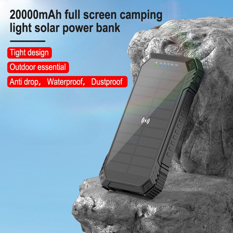 Quick Charge Support Portable Power Bank 20000mAh 22.5W PD+15W Wireless Full Screen Camping Light Solar Powerbank