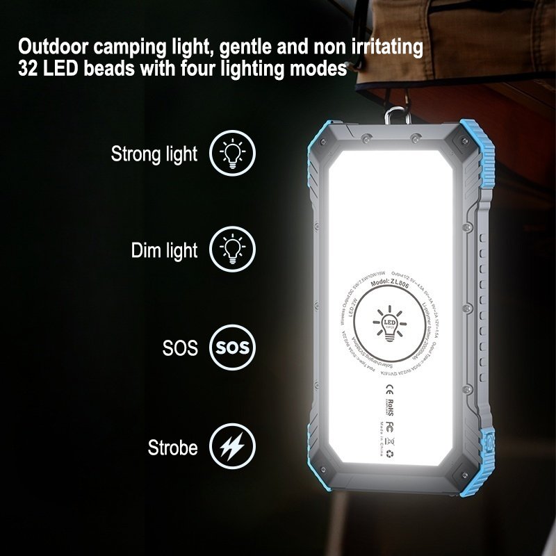 Quick Charge Support Portable Power Bank 20000mAh 22.5W PD+15W Wireless Full Screen Camping Light Solar Powerbank