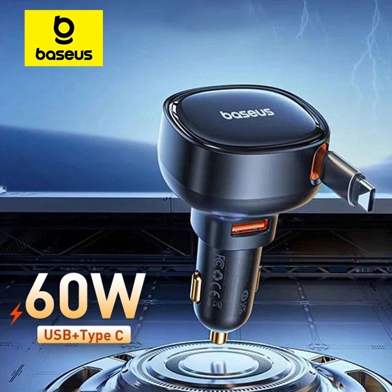 60W Car Charger 2 in 1 Retractable Cable SCP 25W QC PD 30W Fast Car Phone Charger