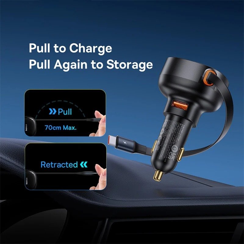 60W Car Charger 2 in 1 Retractable Cable SCP 25W QC PD 30W Fast Car Phone Charger