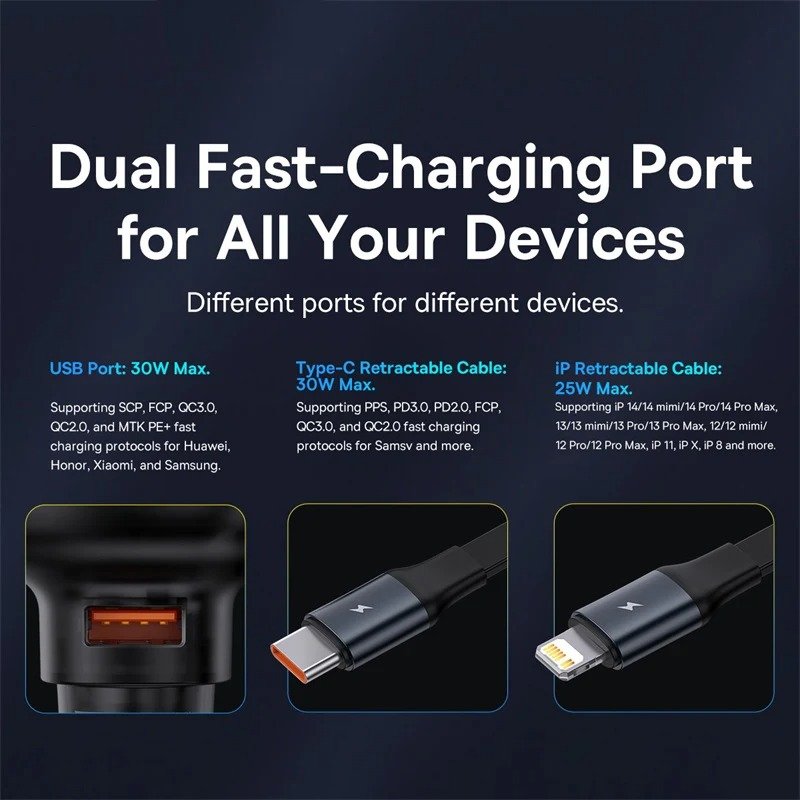 60W Car Charger 2 in 1 Retractable Cable SCP 25W QC PD 30W Fast Car Phone Charger