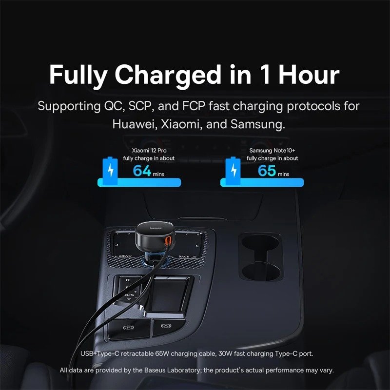 60W Car Charger 2 in 1 Retractable Cable SCP 25W QC PD 30W Fast Car Phone Charger