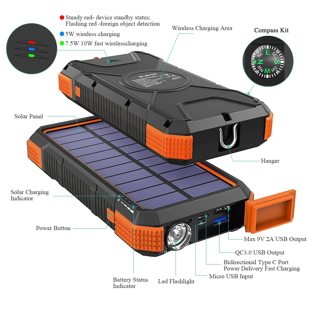 The best-selling 2020 Wireless portable new invention Solar Charger 10000 mah IPX4 waterproof Charger