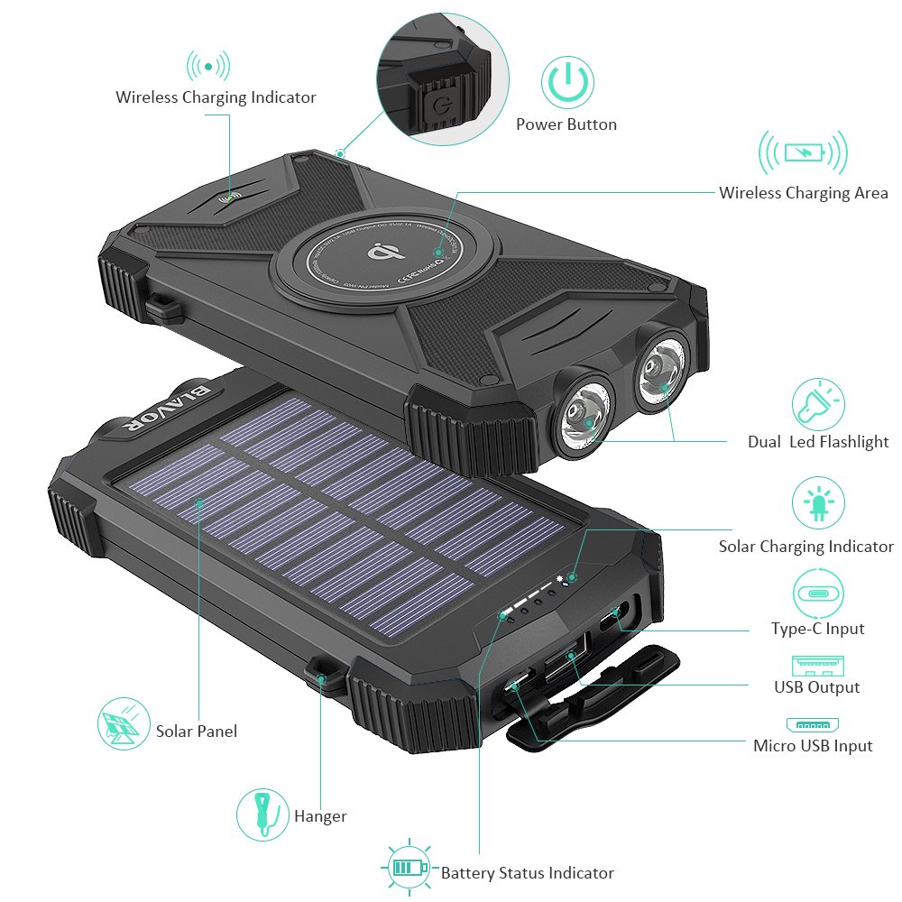 Waterproof QI Wireless charger 10,000 mah power bank Solar phone charger power bank