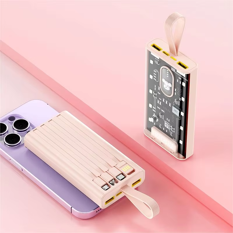 New Arrival Portable 10000mAh Portable Power Banks Built-in cable Fast Charging Transparent Power Bank With Flashlight 10W
