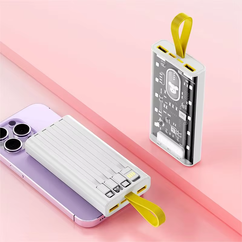 New Arrival Portable 10000mAh Portable Power Banks Built-in cable Fast Charging Transparent Power Bank With Flashlight 10W