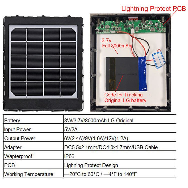 6V 9V 12V solar panel with battery 8000MAh outdoor solar charger for cctv security hunting trail camera
