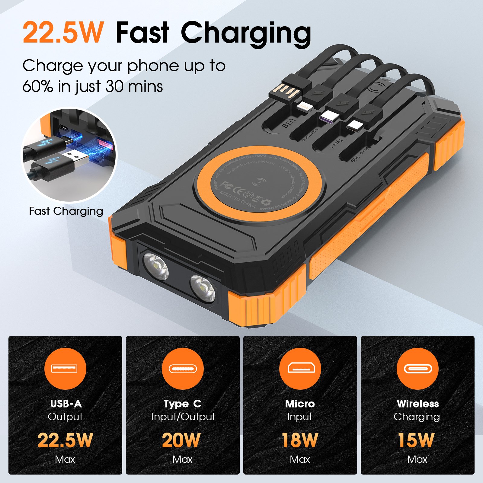 20000mAh Wireless Charging Super Fast Charge Power Bank Outdoor Multi Port Data Cable Flashlight Waterproof Solar Power Bank