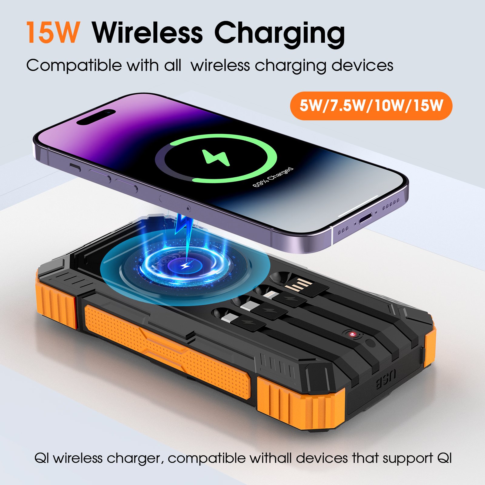 20000mAh Wireless Charging Super Fast Charge Power Bank Outdoor Multi Port Data Cable Flashlight Waterproof Solar Power Bank