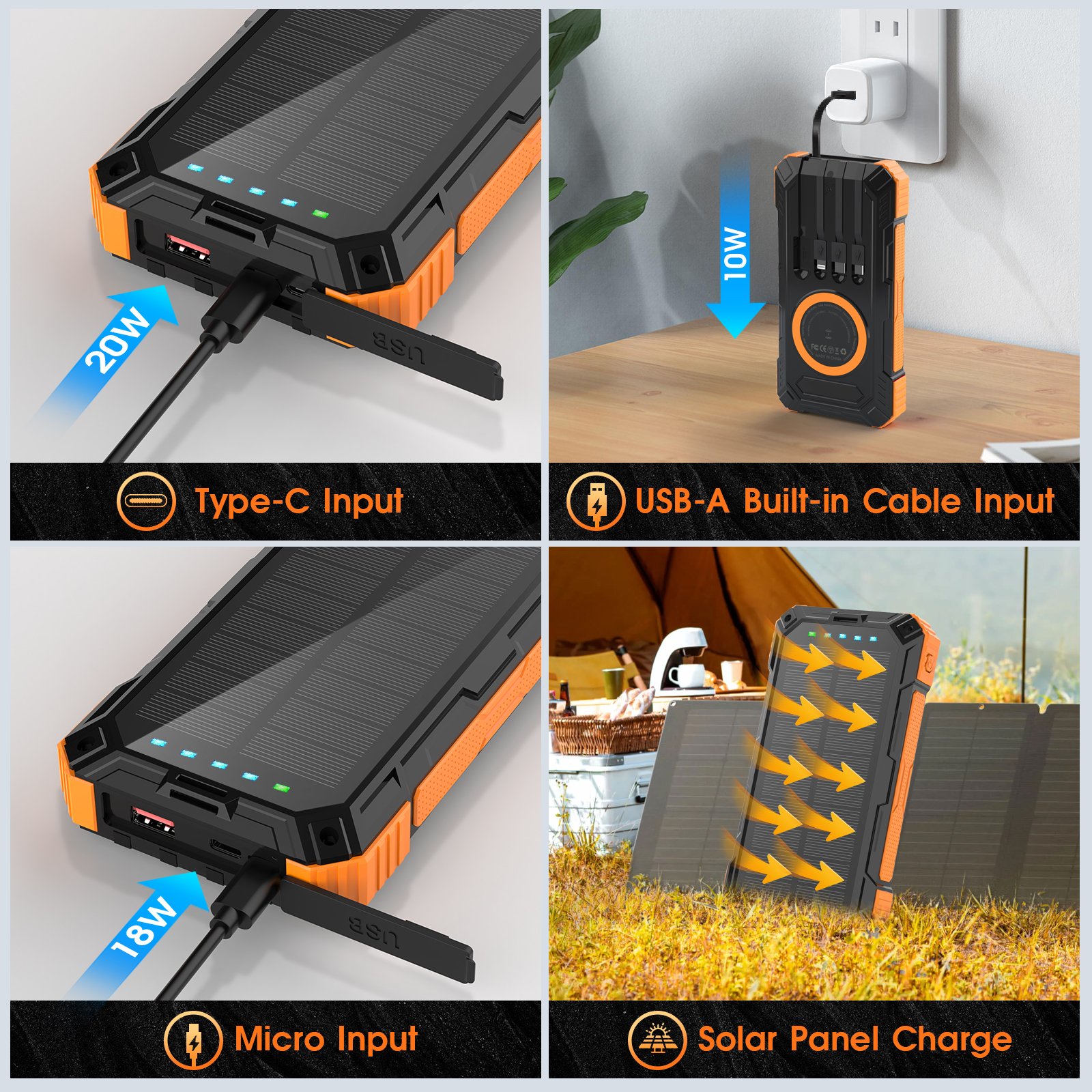 20000mAh Wireless Charging Super Fast Charge Power Bank Outdoor Multi Port Data Cable Flashlight Waterproof Solar Power Bank