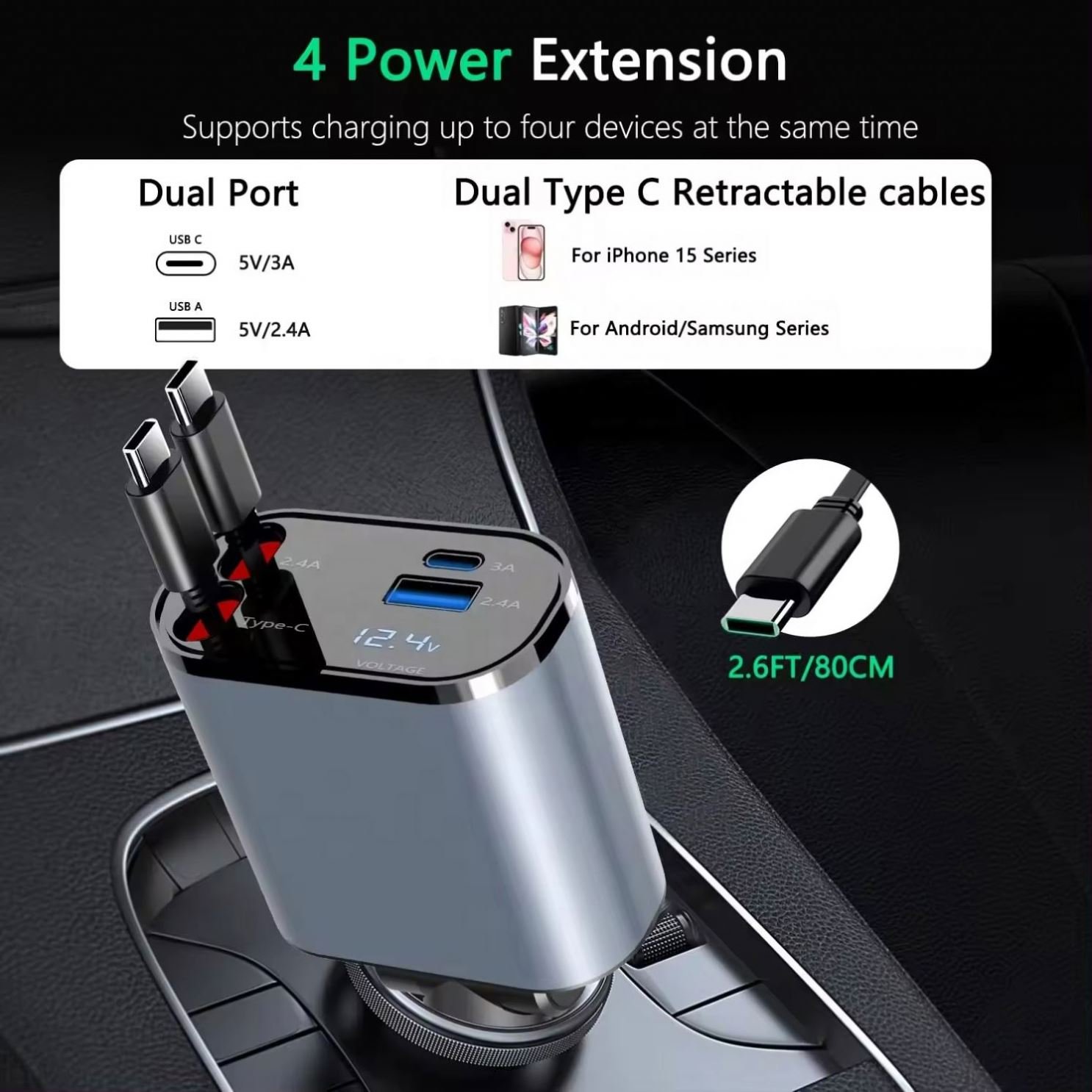 100W 4 in 1 Multi -function Fast Car Phone Charger Retractable Car charger car solar charger for all mobile phone