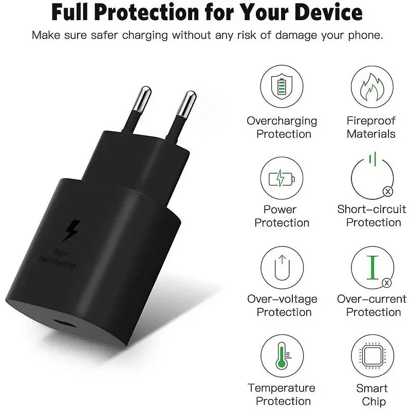 For SAMSUNG 25W Super Fast Charger Power Adapter 3A Type C Cable For iPhone 15 Pro Max For Galaxy Z Flip 6 5 4 3 S24 S23 S22