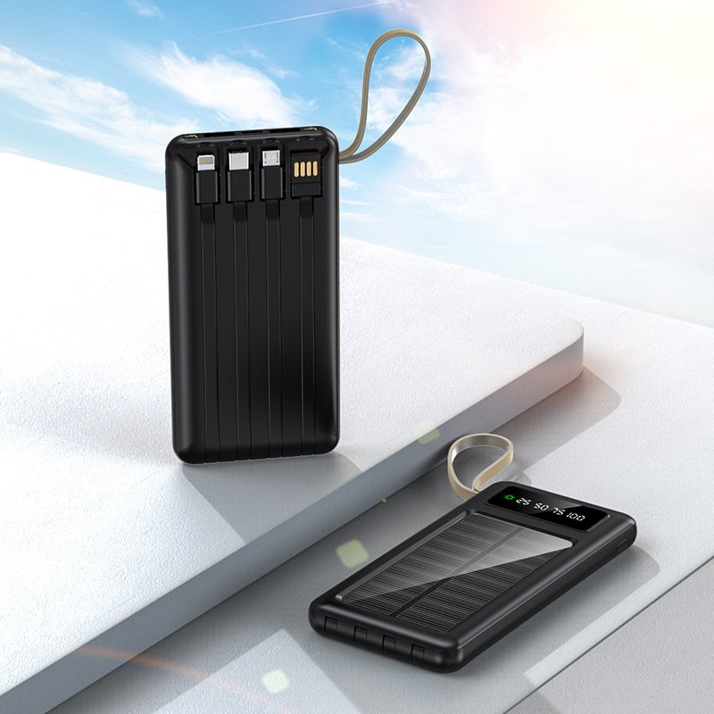 20000mAh Portable Mobile Power Bank with Built-in Cables Dual USB Output Solar Powerbank