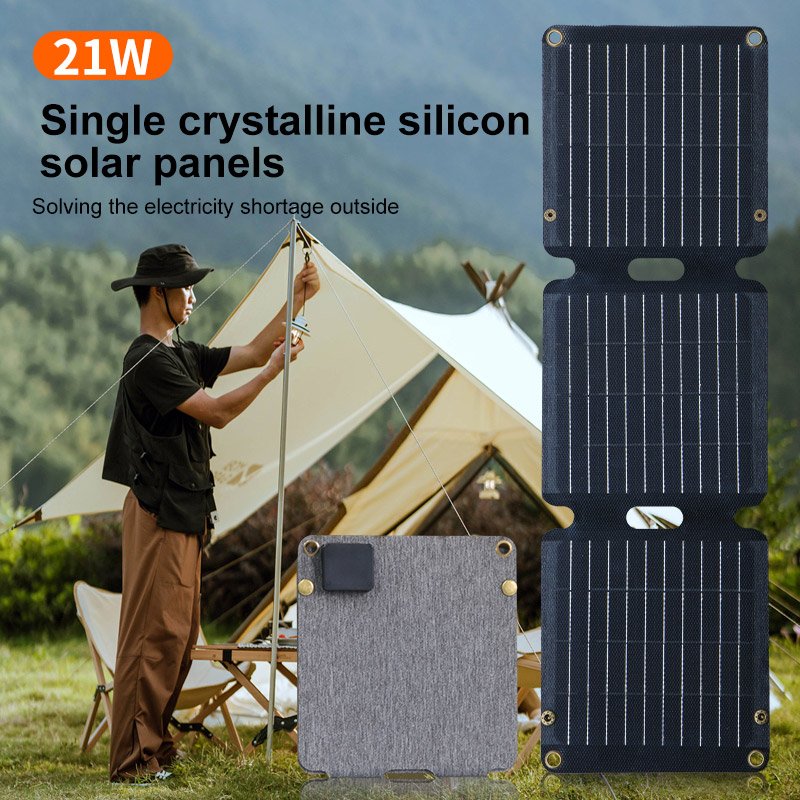 Solar USB+Type-C Charger Fast Charging 21W Portable Foldable High Efficiency Power Panel Cells For Camping
