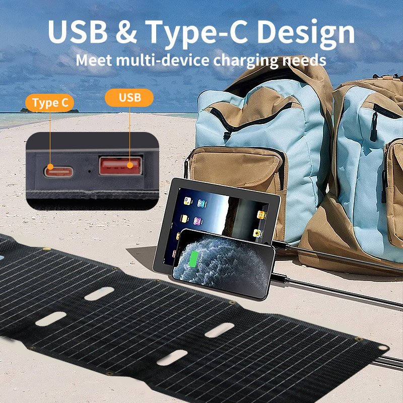 Solar USB+Type-C Charger Fast Charging 21W Portable Foldable High Efficiency Power Panel Cells For Camping